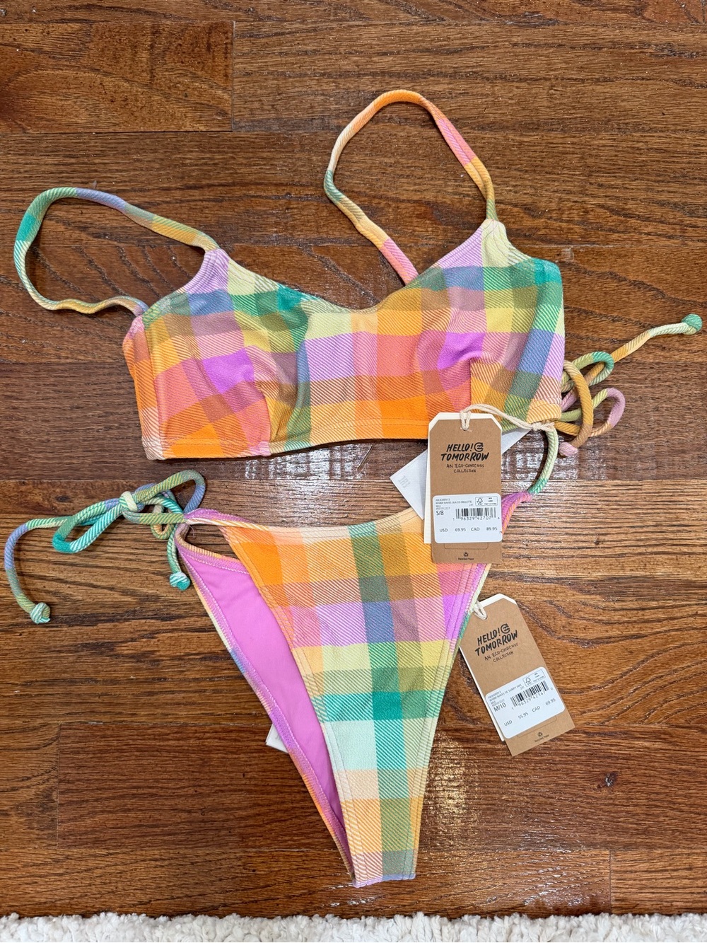 Billabong Pastel Plaid Bikini Set in Pink, Orange, Green, Yellow, Blue